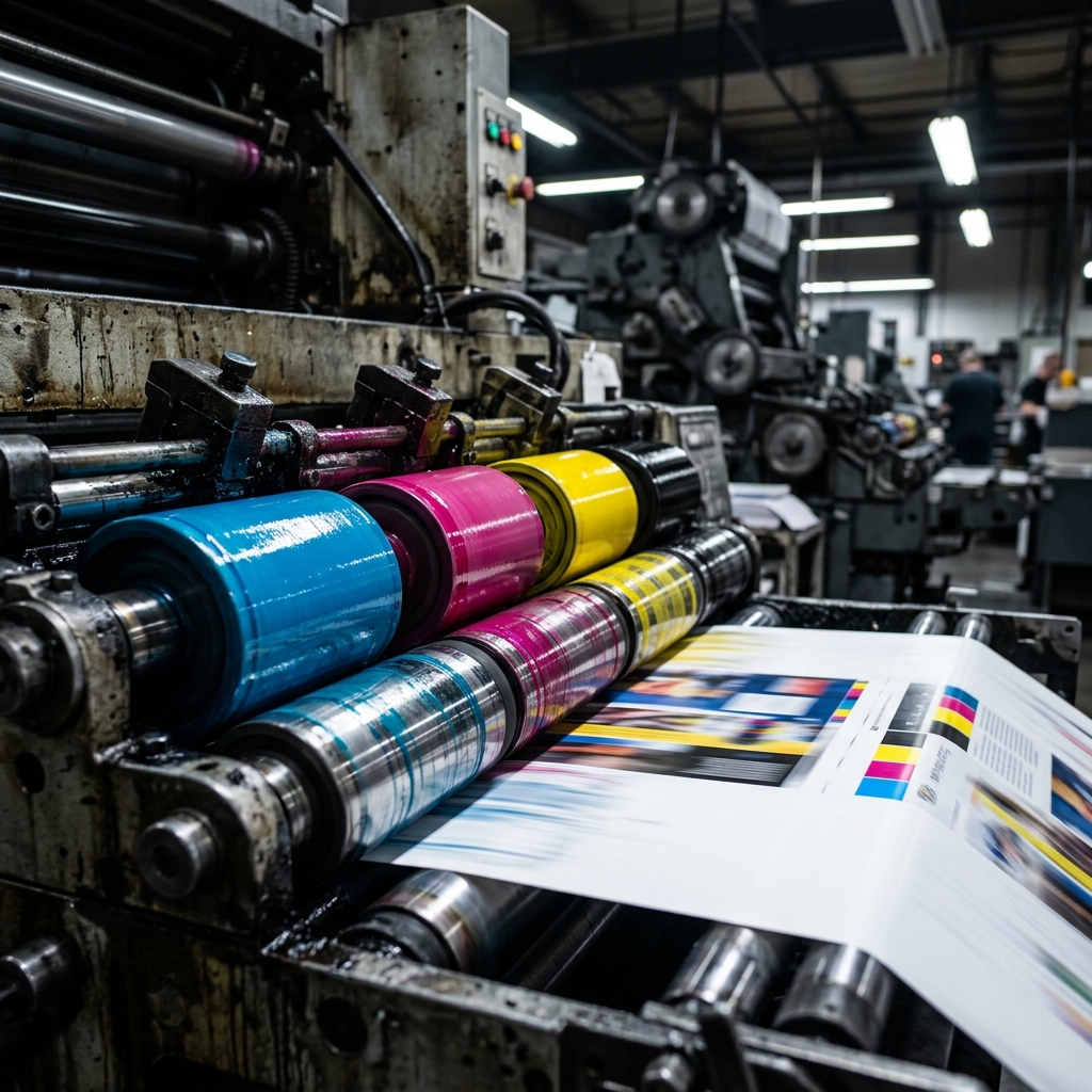 Industrial printing press at Bueno Graphics Doha