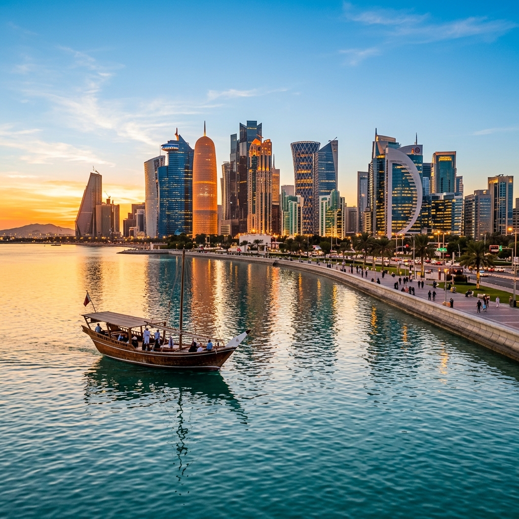 Doha Qatar Corniche skyline at golden hour